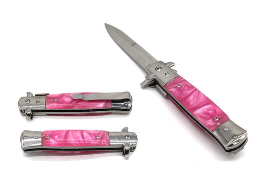 Falcon 9" Spring Assisted Stiletto Knife w/ faux Pink Marble Acrylic handle.