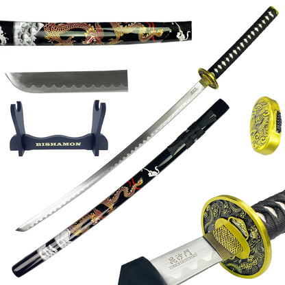 Bishamon Samurai Sword w/ Stand & Black Dragon Scabbard