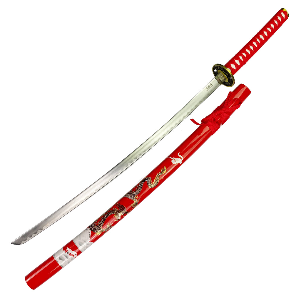 Bishamon Samurai Sword w/ Red Dragon Scabbard  & Stand
