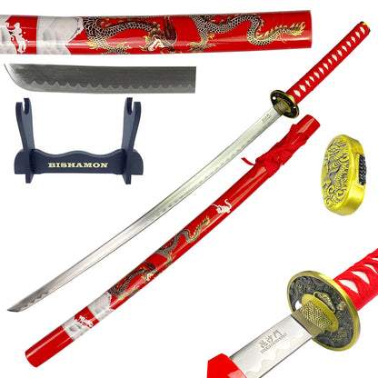 Bishamon Samurai Sword w/ Red Dragon Scabbard  & Stand