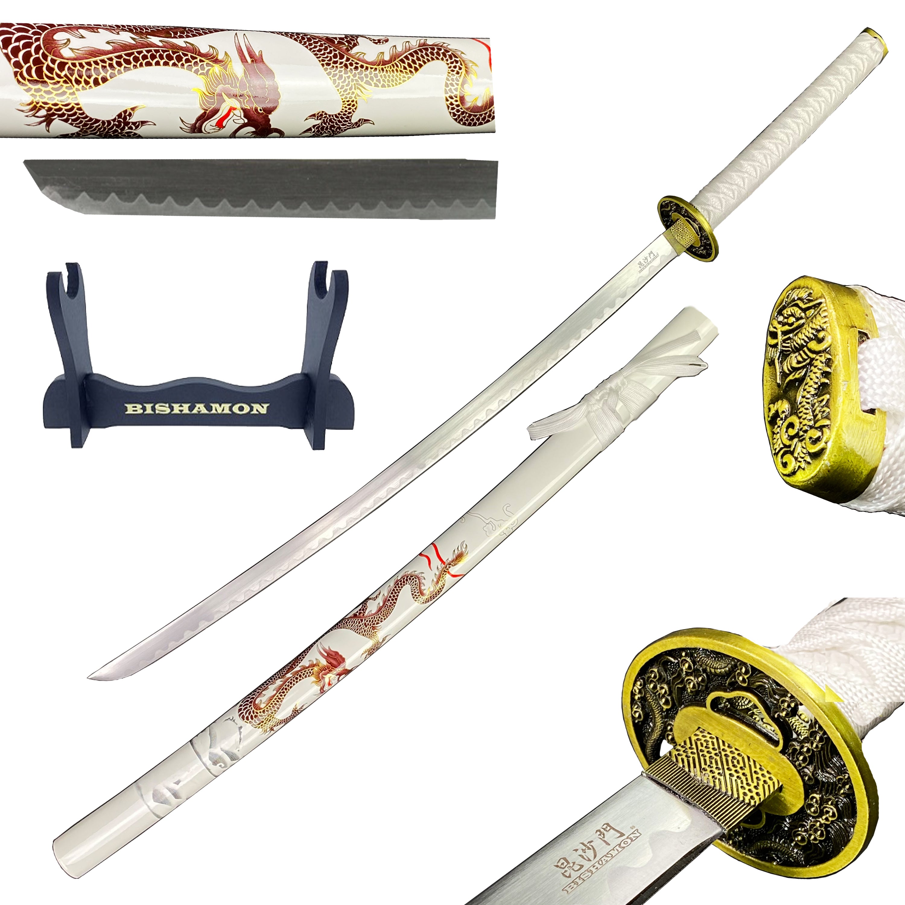 Samurai Sword White Dragon Scabbard w/ Stand