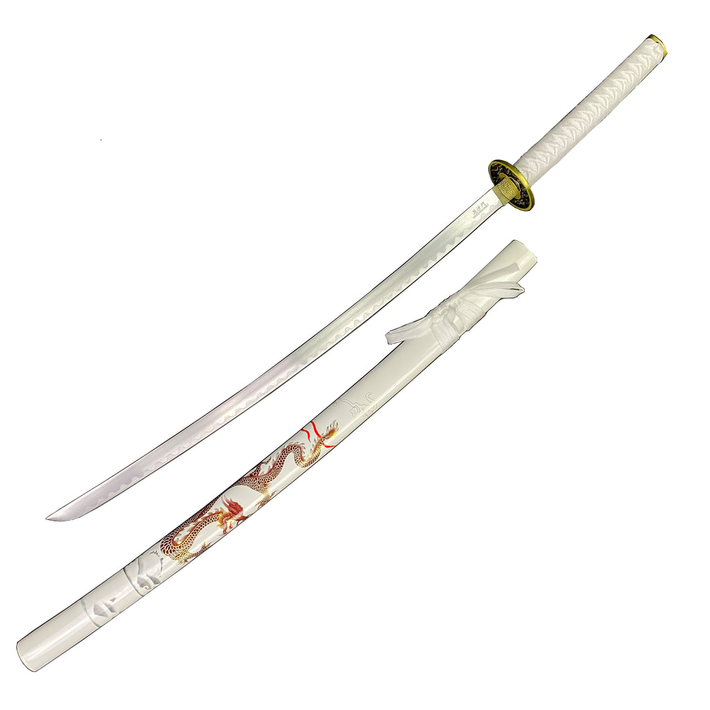 Samurai Sword White Dragon Scabbard w/ Stand