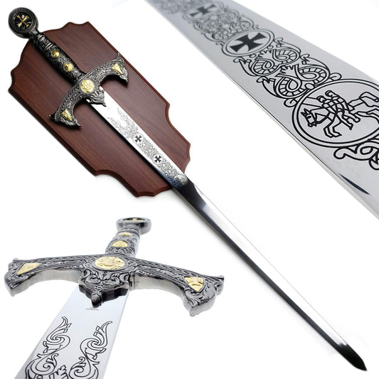 47" Knights of Templar Sword with gold medallion and wood plaque
