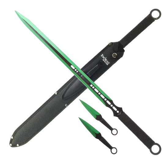 Tactical Master 27" Green Machete with 2 pcs 6" throwing knife,