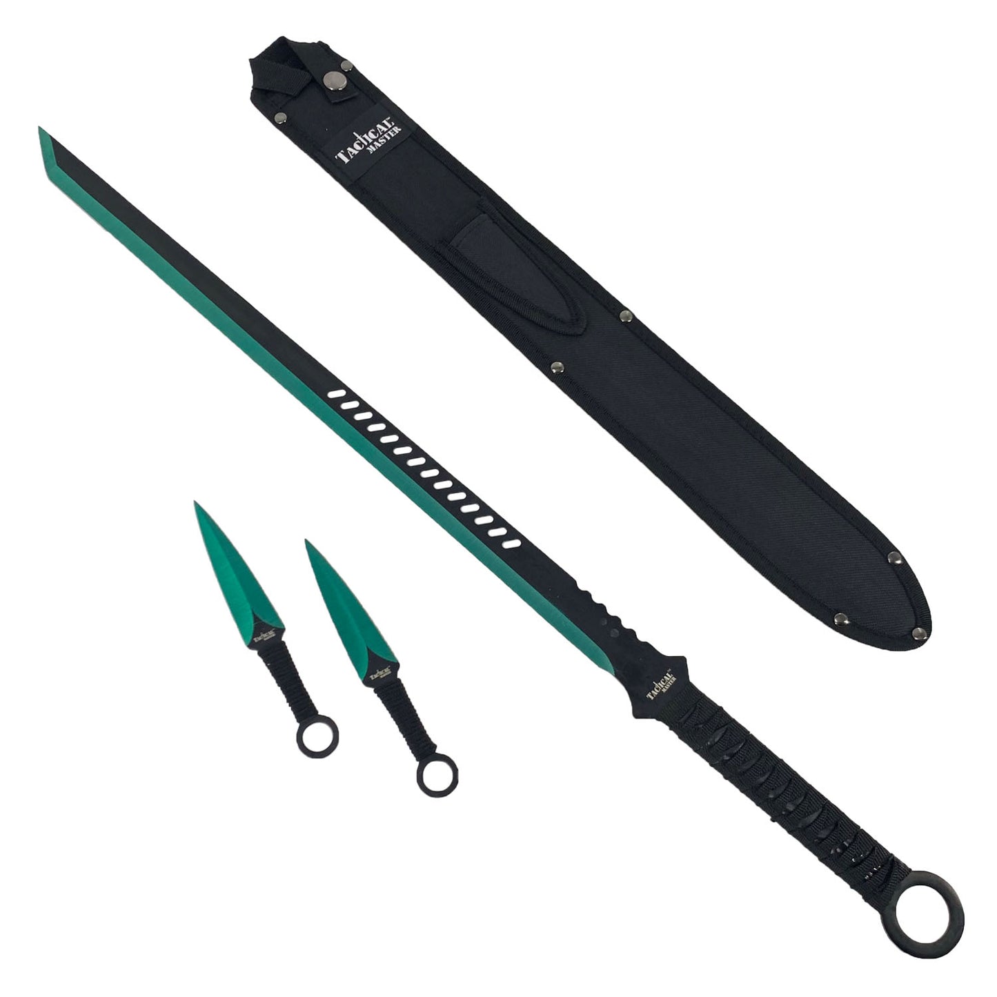 Tactical Master 27" Green Machete Tanto Blade with 2 pcs 6" throwing knife