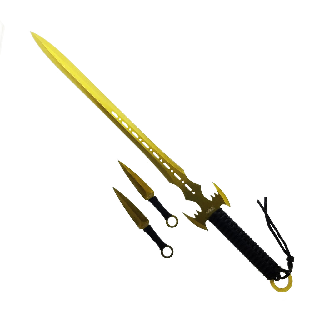 27" Machete w 2 Throwing Knives Gold