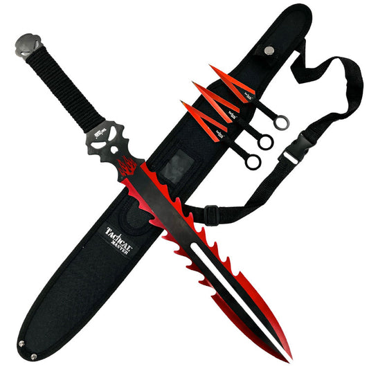 25" Flame Skull Machete-w/throwing knives-Red
