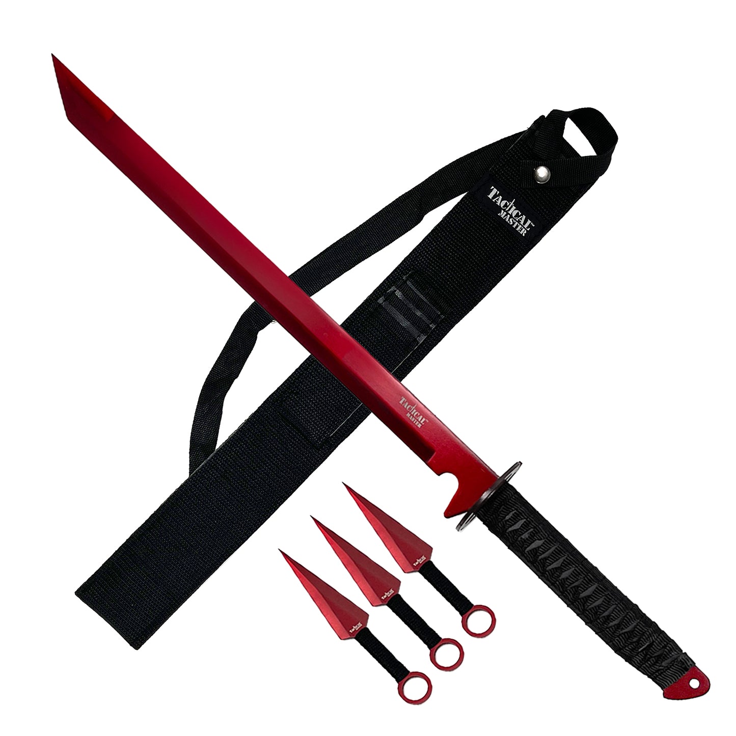 Tactical Master 26" Red Machete w/3 Pcs throwing Knives