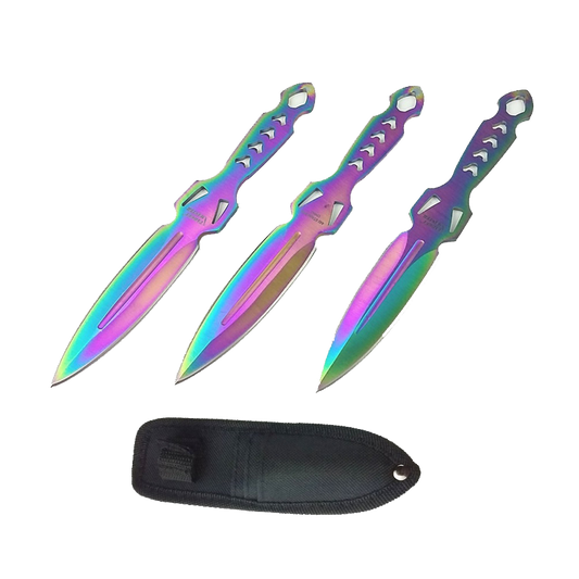 6" Overall 3 PC Rainbow Cross Throwing Knife Set w/ Sheath