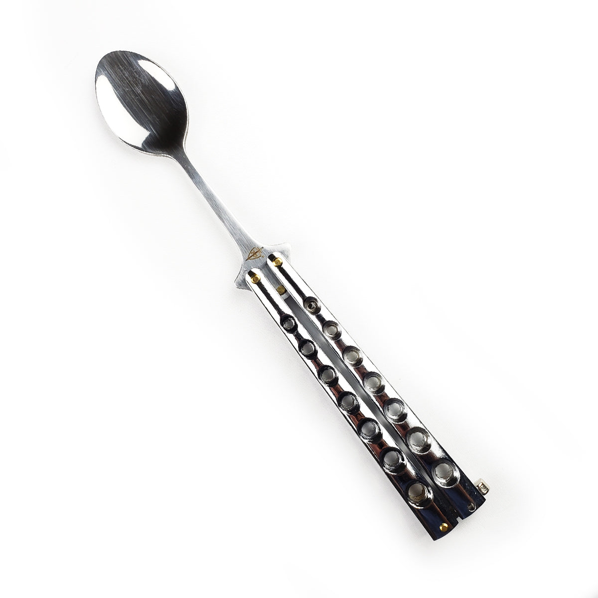 Pacific Solution Balisong Spoon Silver Butterfly Knife Trainer with a polished spoon blade design