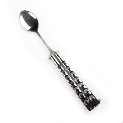 Pacific Solution Balisong Spoon Silver Butterfly Knife Trainer with a polished spoon blade design