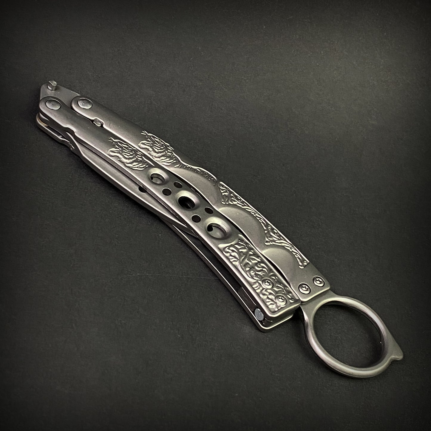 Chrome Butterfly Trainer - Balisong Practice Knife with decorative design and safety ring