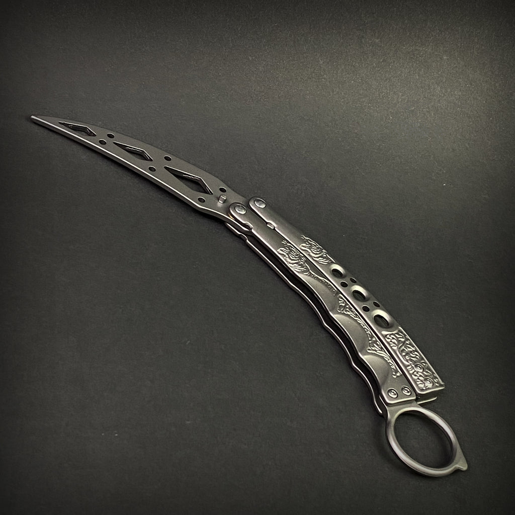 Chrome Butterfly Trainer - Balisong Practice Knife with intricate designs and lightweight construction