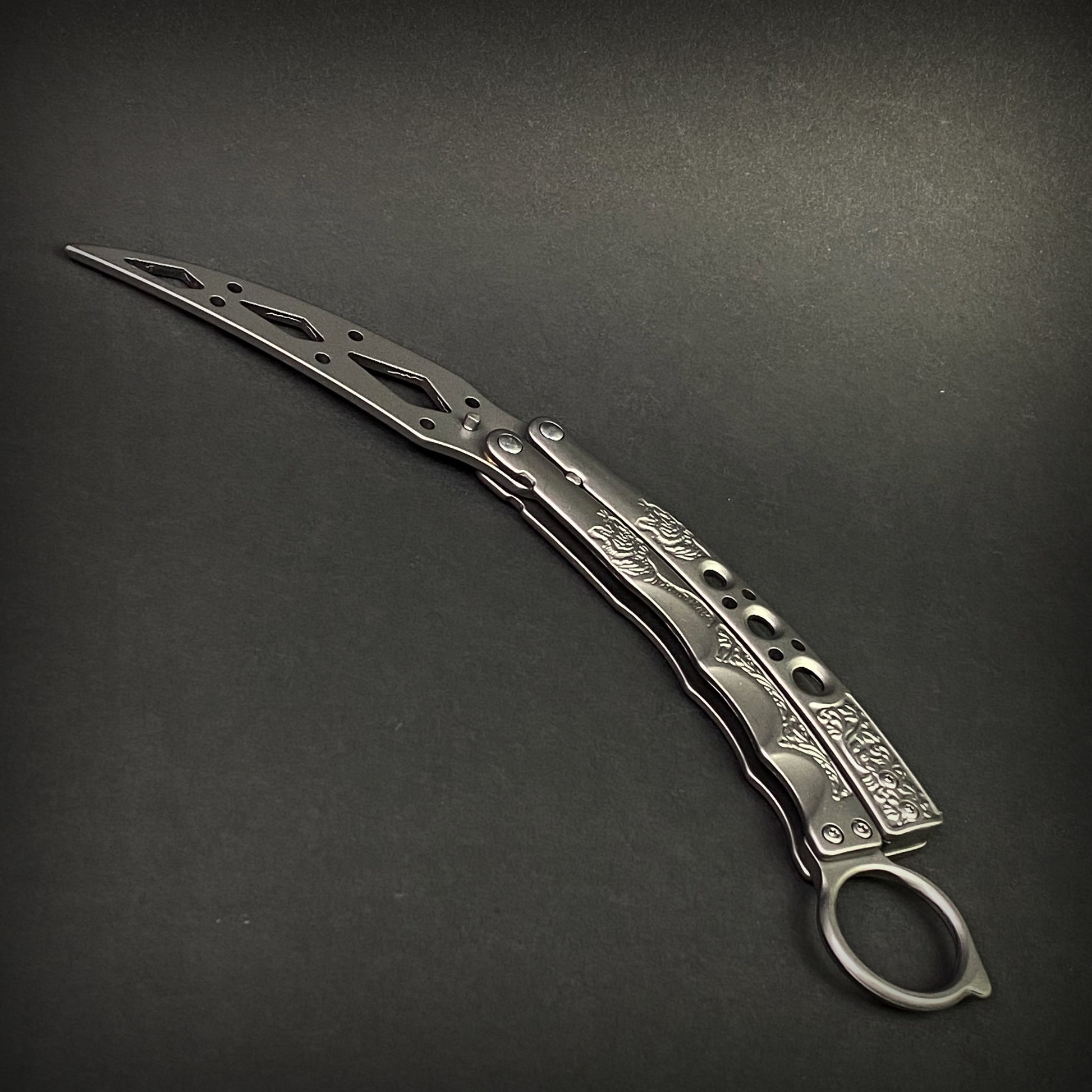 Chrome Butterfly Trainer - Balisong Practice Knife with intricate designs and lightweight construction