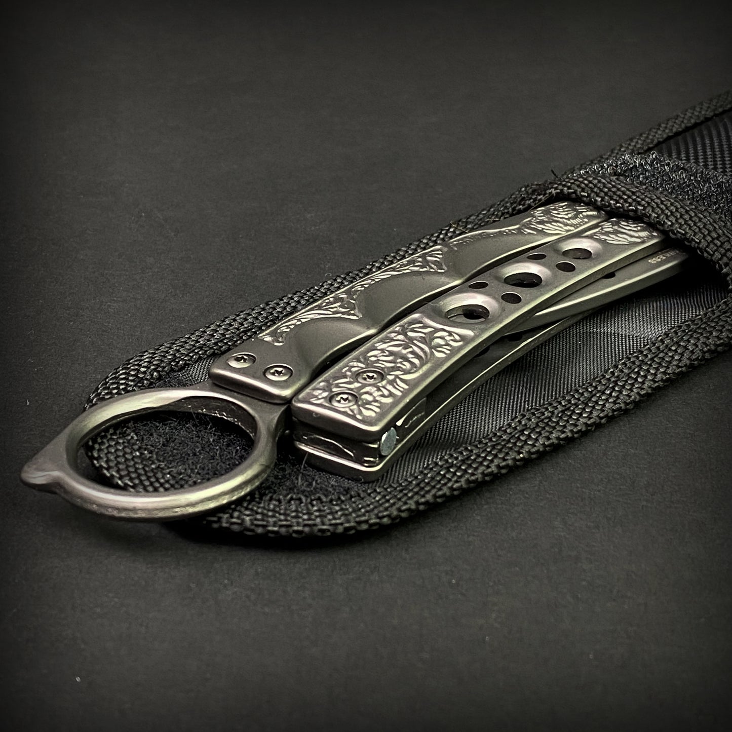 Chrome Butterfly Trainer - Balisong Practice Knife with textured handles and carrying pouch