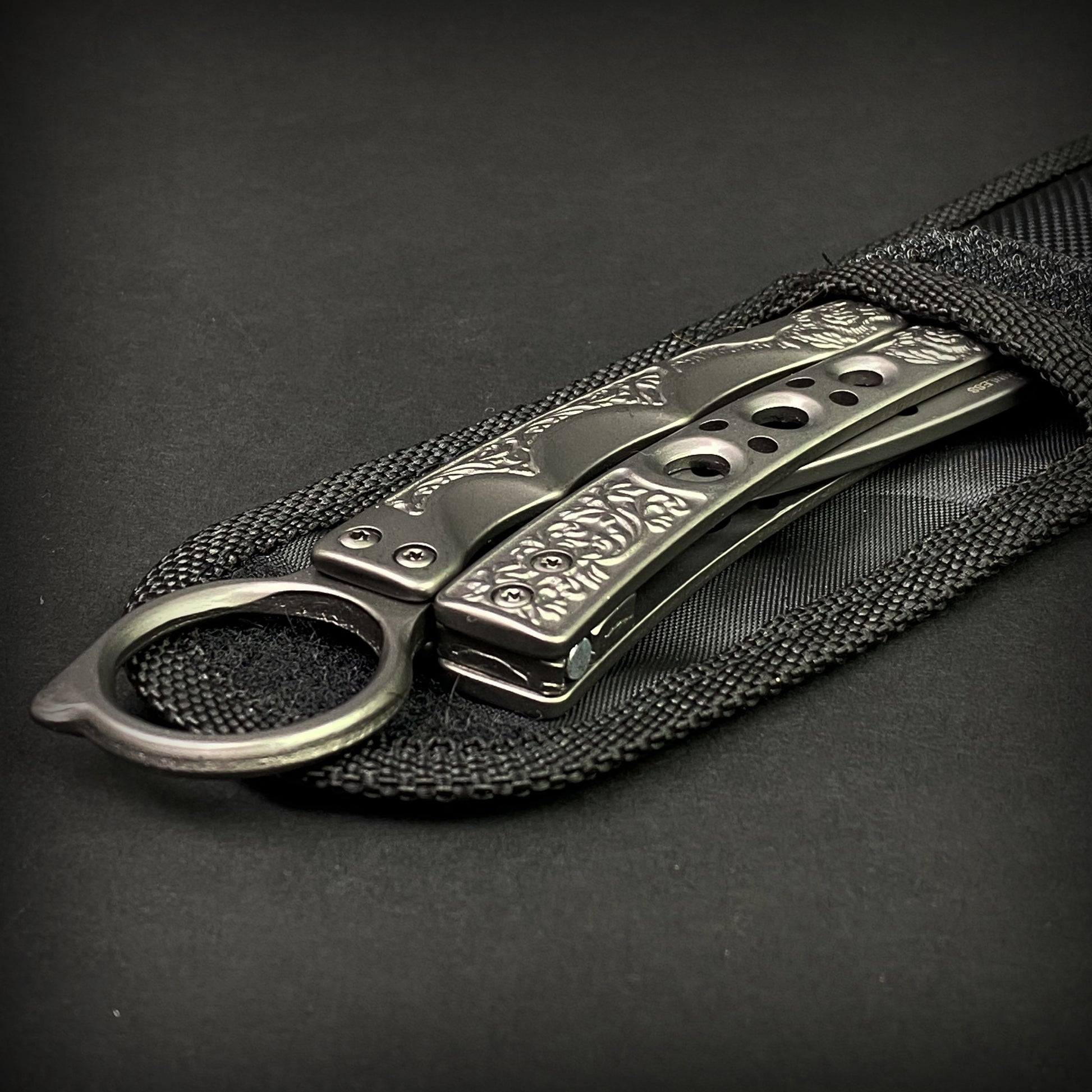 Chrome Butterfly Trainer - Balisong Practice Knife with textured handles and carrying pouch