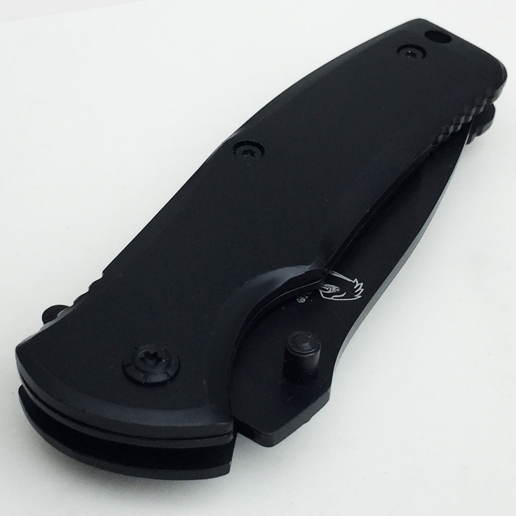 Falcon black spring assisted pocket knife with ergonomic handle for easy one-handed use