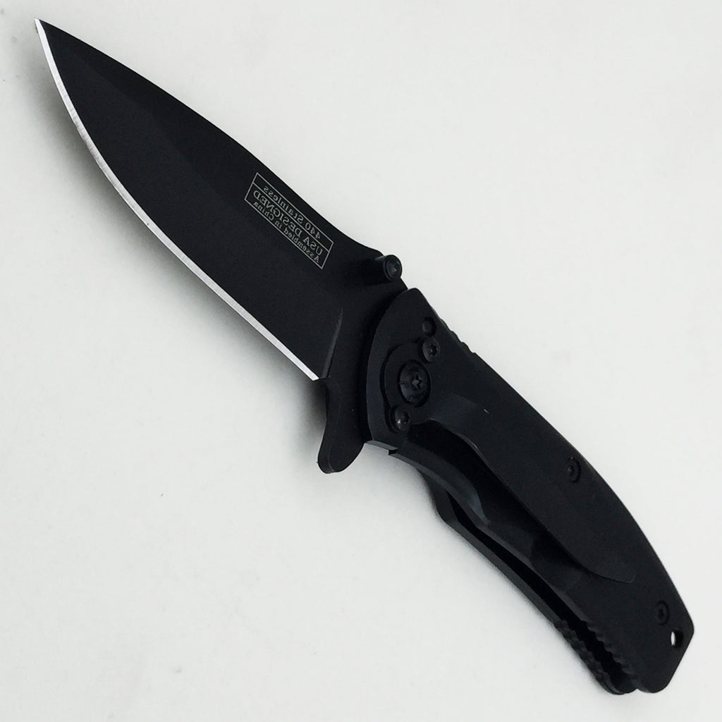Falcon black spring assisted pocket knife with a durable black handle and sharp blade