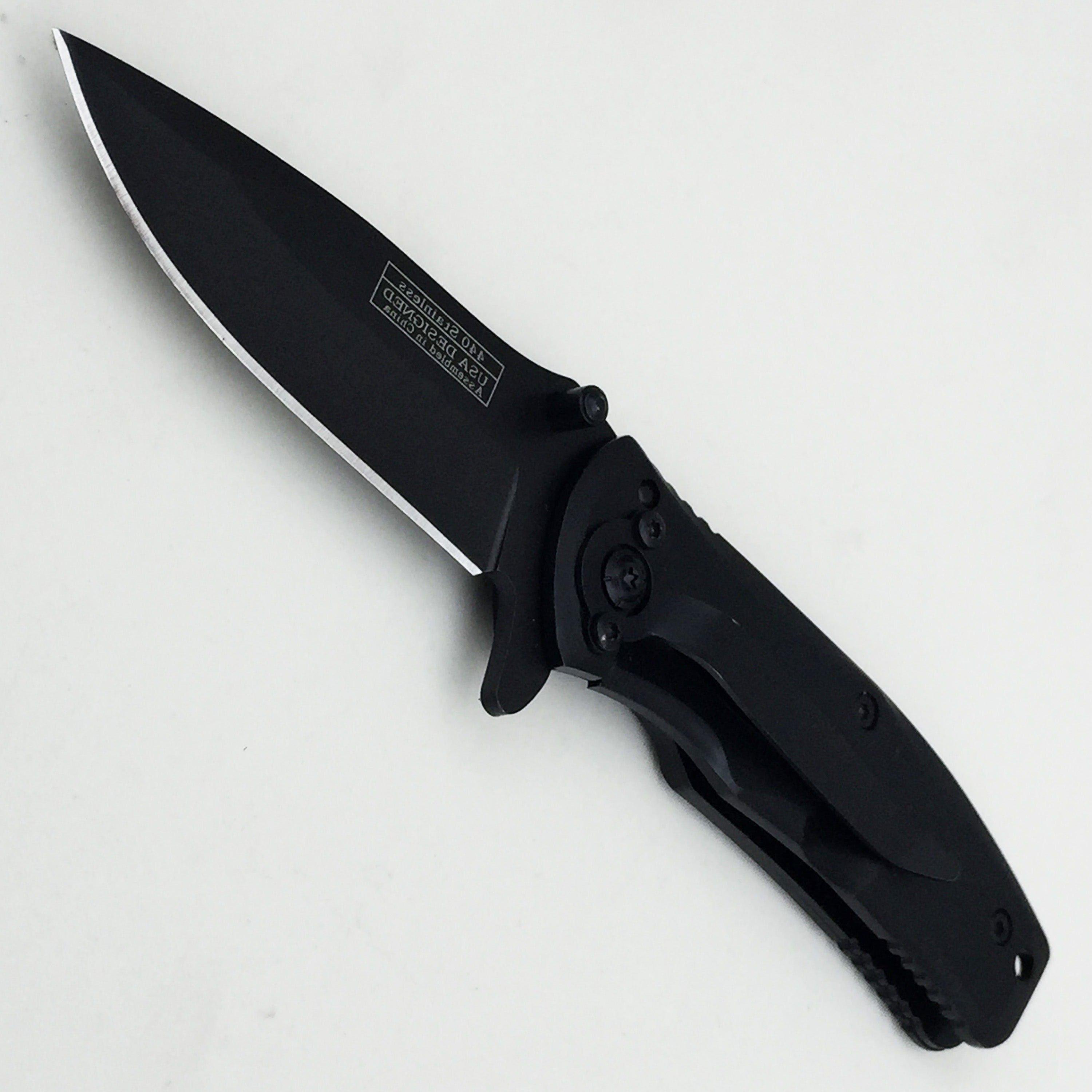 Falcon black spring assisted pocket knife with a durable black handle and sharp blade