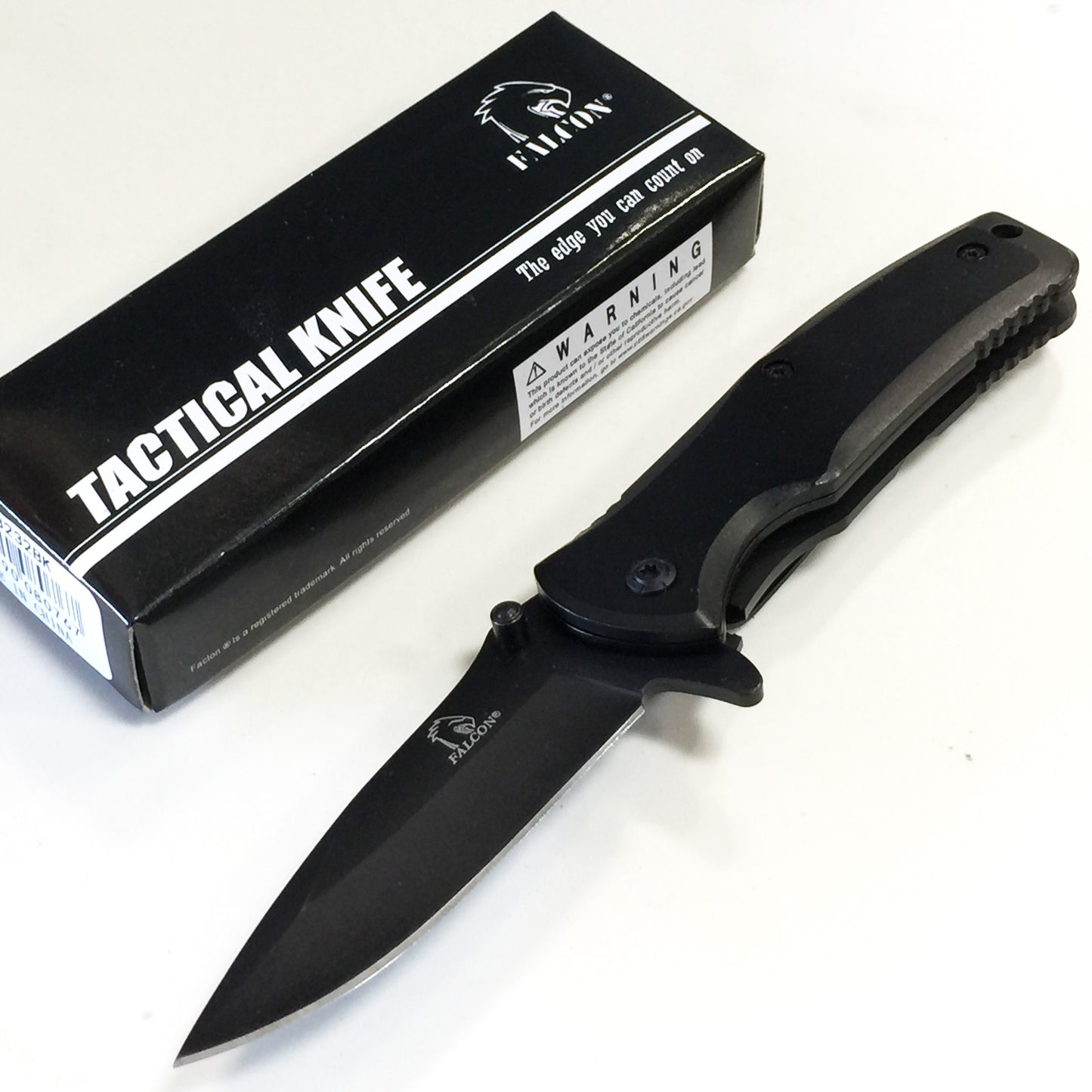 Falcon black spring assisted pocket knife with tactical design and secure grip