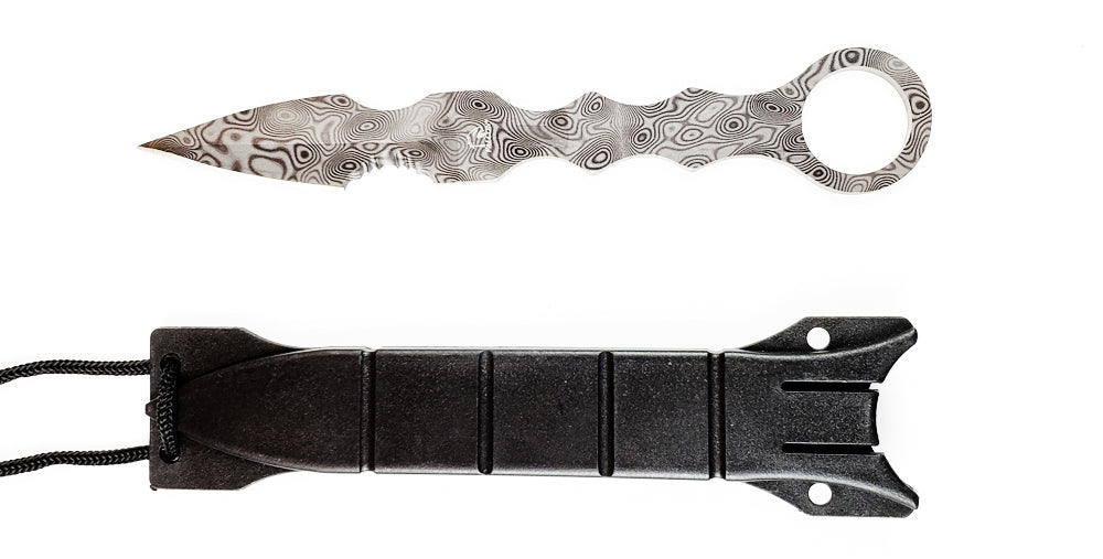 Falcon Damascus tactical knife with a unique wavy blade pattern and durable sheath