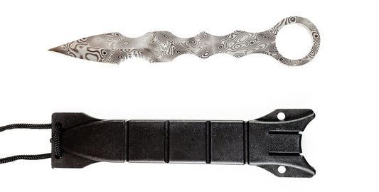 Falcon Damascus tactical knife with a unique wavy blade pattern and durable sheath