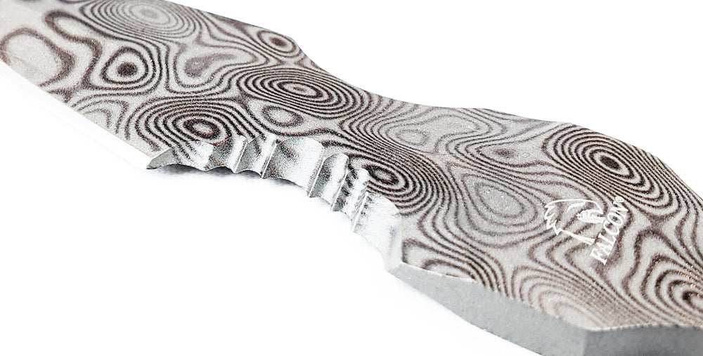 Falcon Damascus tactical knife with a unique wavy blade design for enhanced cutting performance