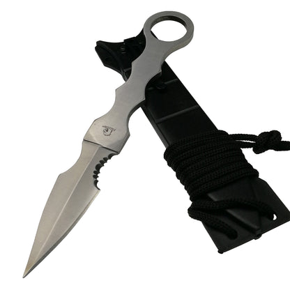 Falcon fixed blade survival knife with stainless steel blade and black sheath wrapped with cord