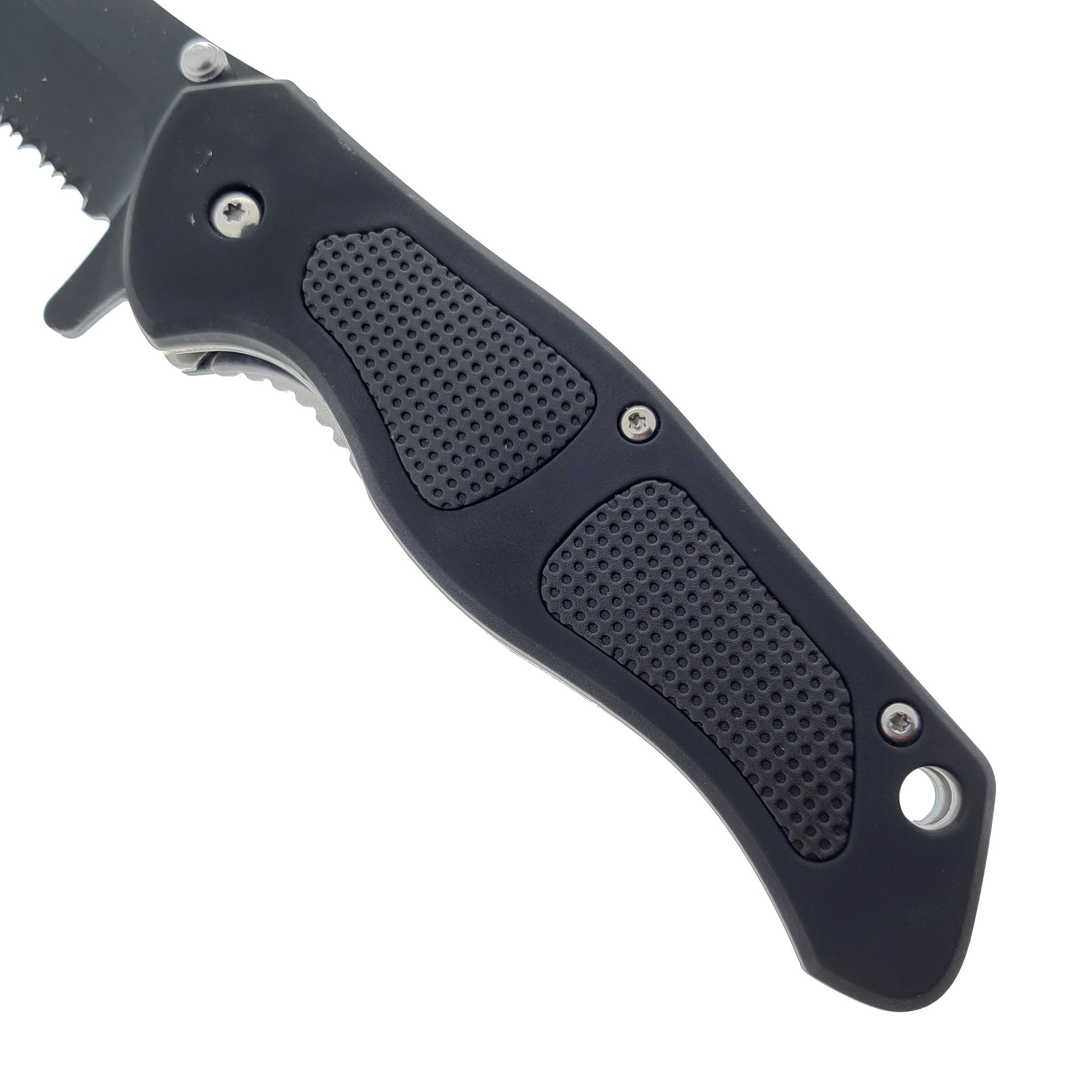 Falcon Spring Assisted Knife with a textured black handle for a secure grip and ease of use