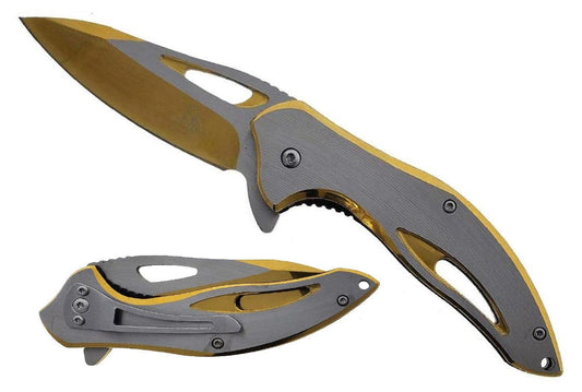 Gold and silver spring assisted pocket knife by Falcon with ergonomic handle and sharp blade