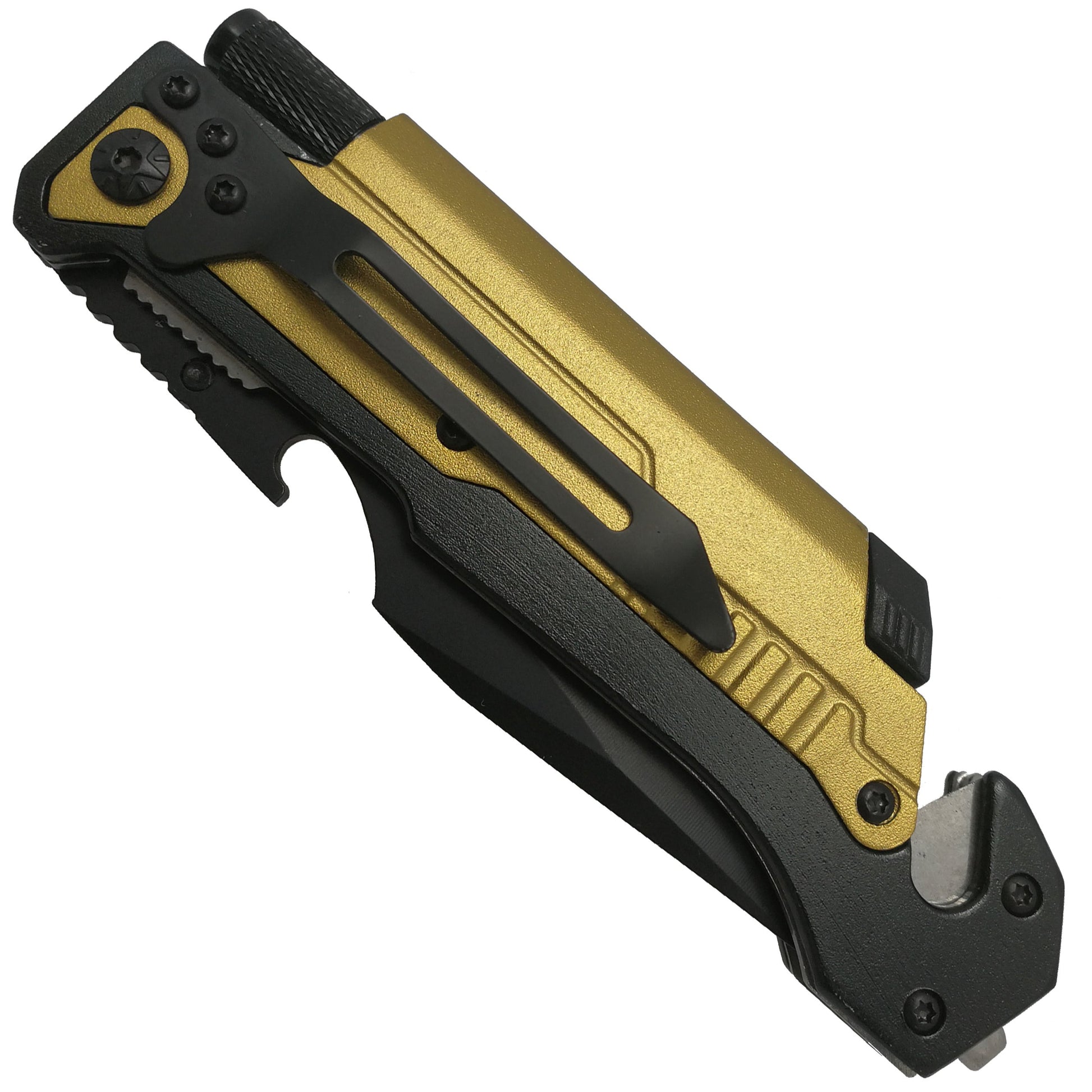 Golden Folding Knife with Flashlight, Fire Starter and Glass Breaker for Versatile Outdoor Use