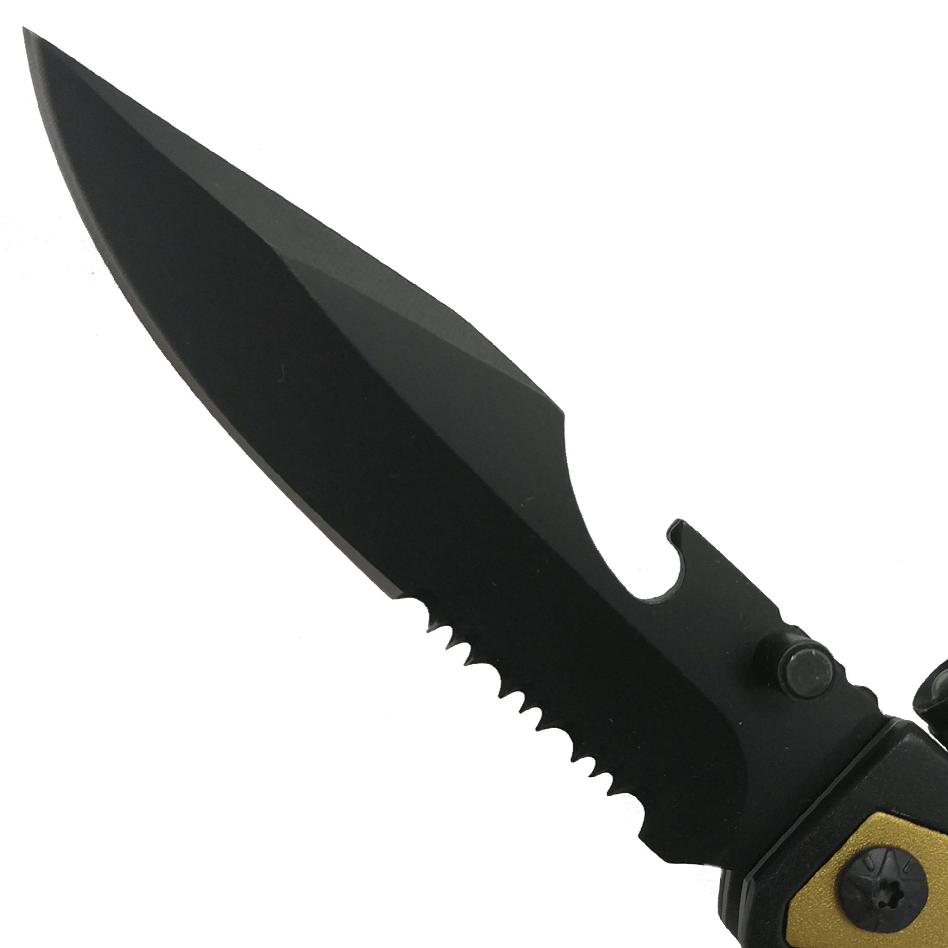 Golden Folding Knife with Flashlight, Fire Starter and Glass Breaker features a sleek design for outdoor use