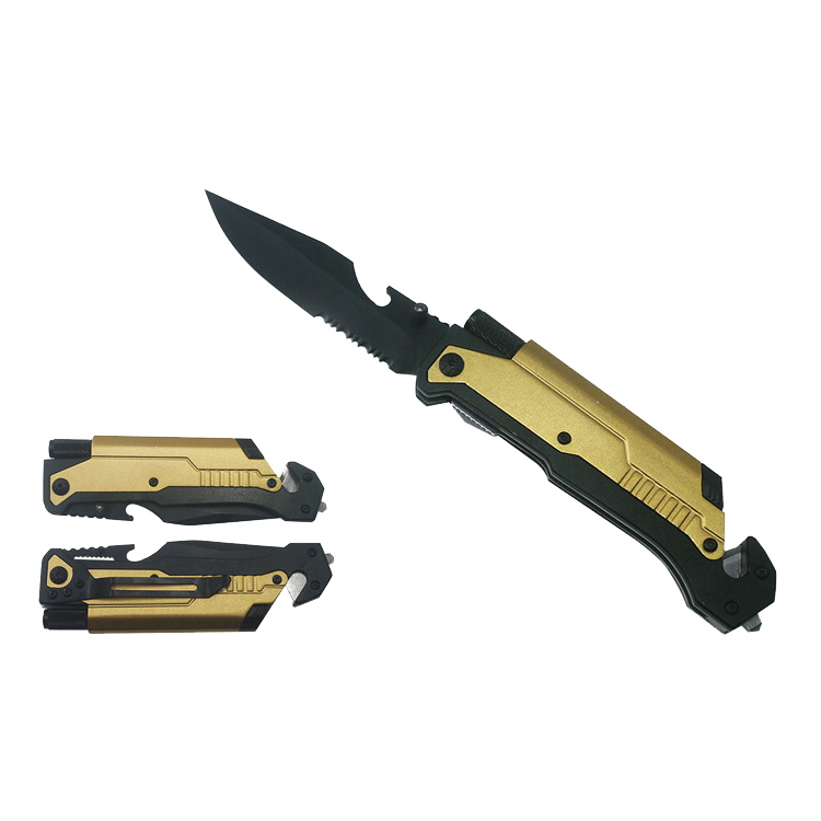 Pacific Solution Golden Folding Knife with Flashlight, Fire Starter and Glass Breaker for Outdoor Use