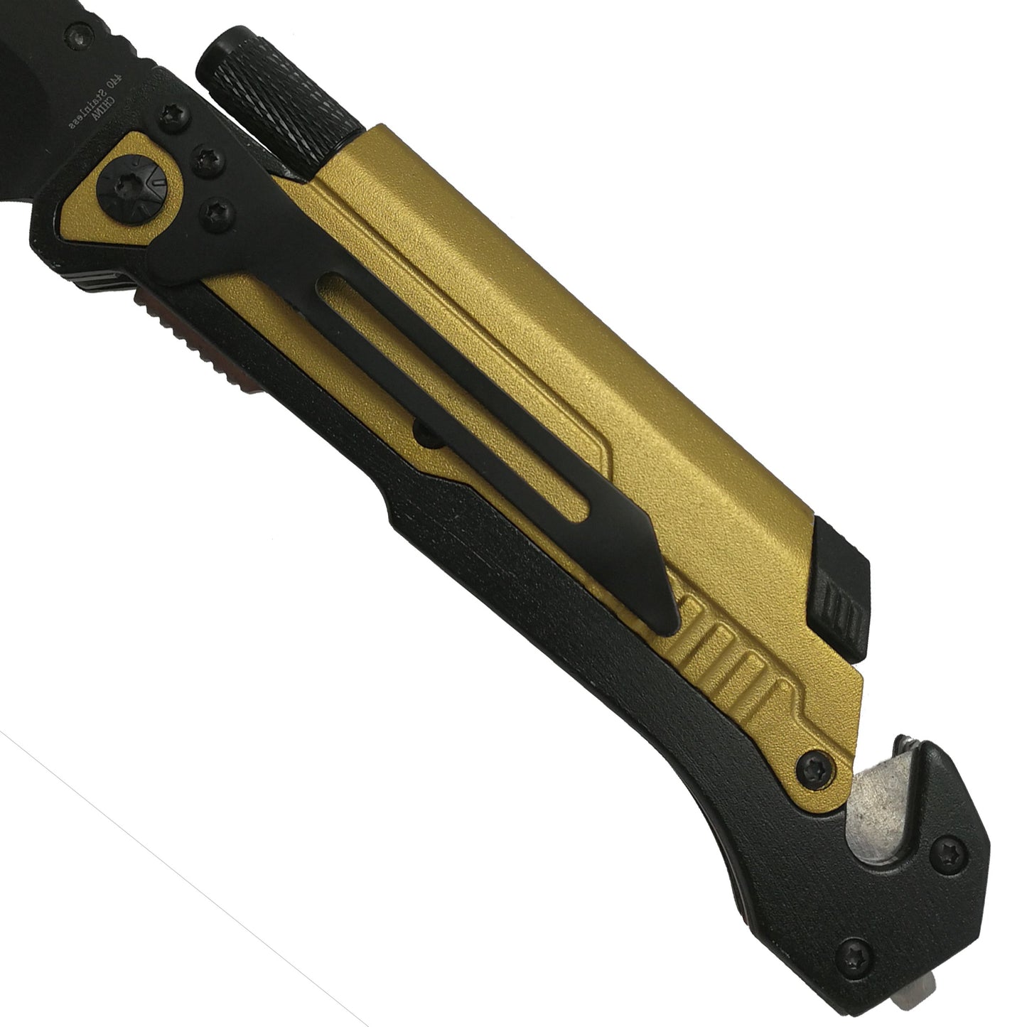 Pacific Solution Golden Folding Knife with Flashlight, Fire Starter and Glass Breaker for outdoor and emergency use