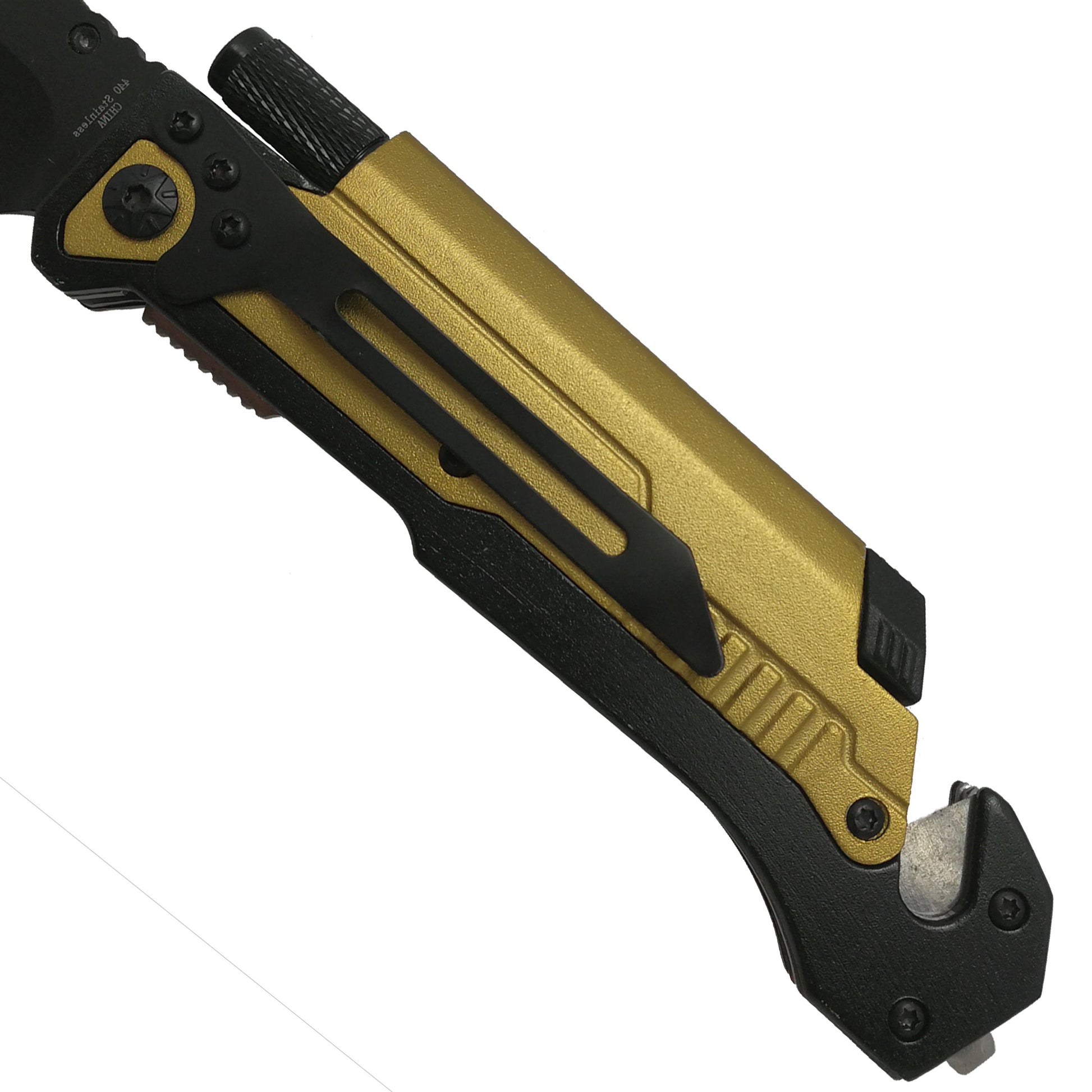 Pacific Solution Golden Folding Knife with Flashlight, Fire Starter and Glass Breaker for outdoor and emergency use