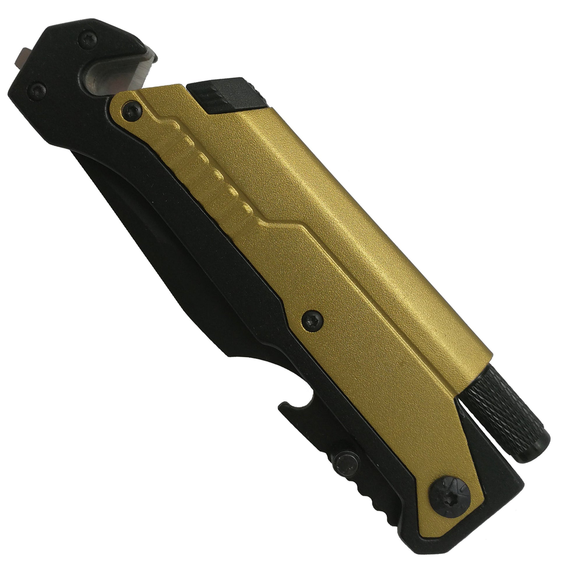 Golden Folding Knife with Flashlight, Fire Starter and Glass Breaker for outdoor and emergency use
