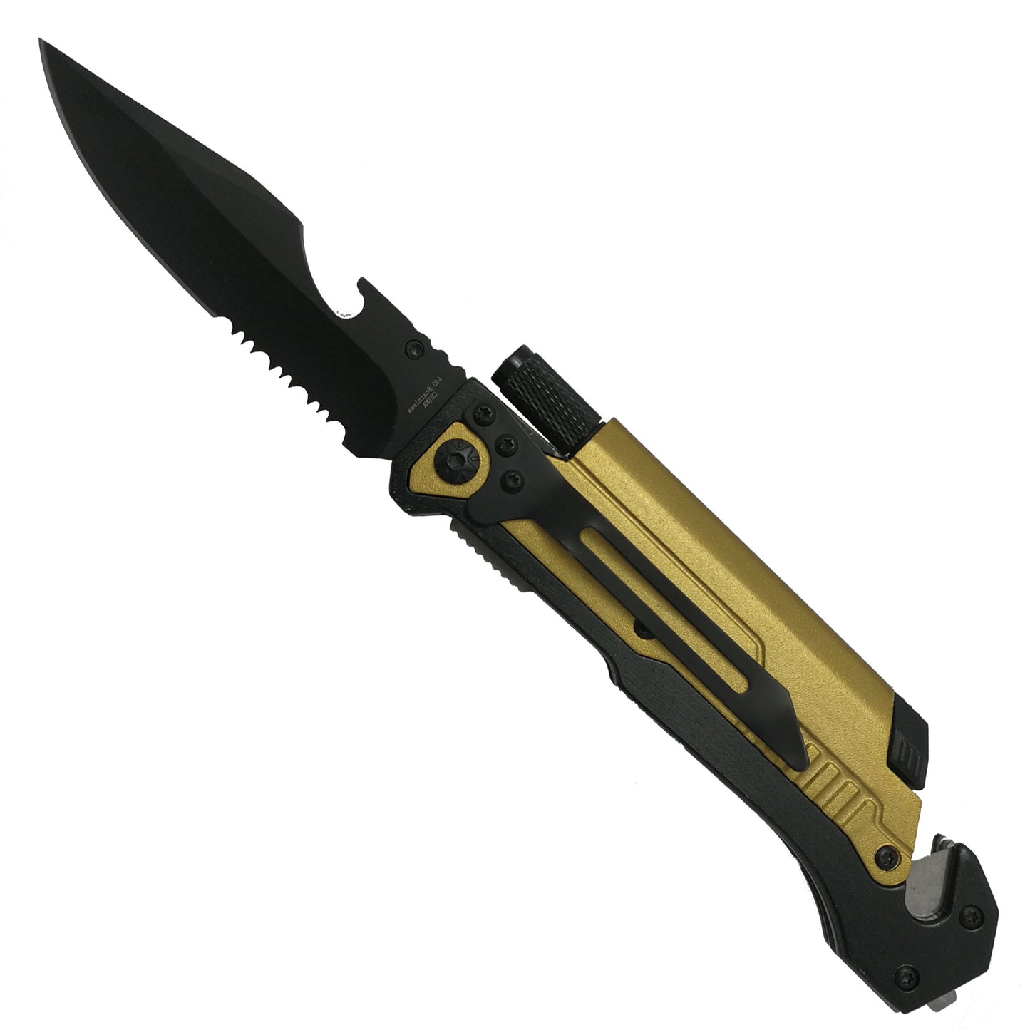 Pacific Solution Golden Folding Knife with Flashlight, Fire Starter and Glass Breaker for outdoor survival