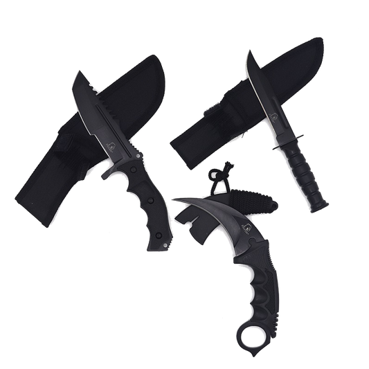 Black 7 1/2" & 8 1/2" Tactical Knife, 7 1/2" Karambit - 3 PCS Set