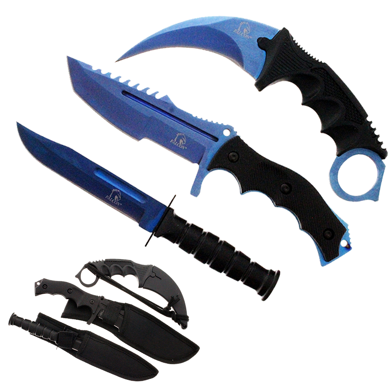 3 Piece Set Blue Blade / Black Handle / Tactical Knife