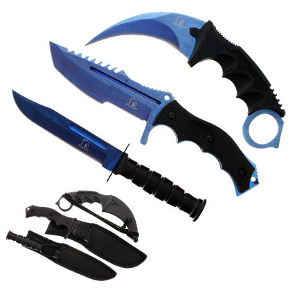 3 Piece Set Blue Blade / Black Handle / Tactical Knife
