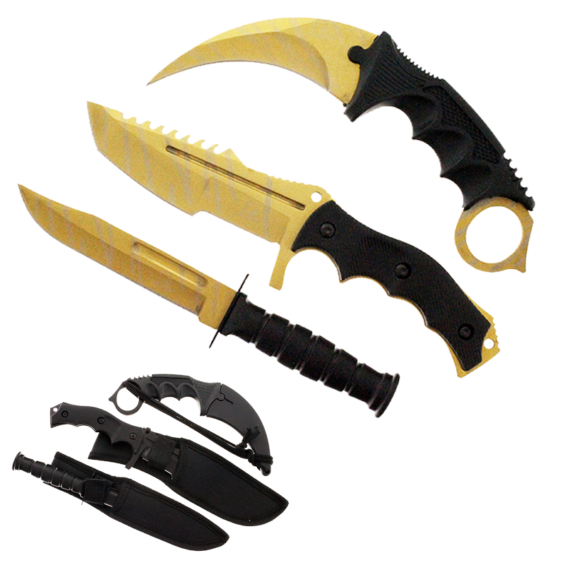3 PCS Gold Set. 7 1/2" & 8 1/2" Tacital Knife, 7 1/2" Karambit