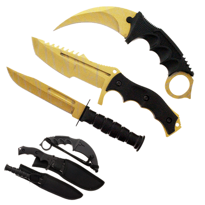 3 PCS Gold Set. 7 1/2" & 8 1/2" Tacital Knife, 7 1/2" Karambit