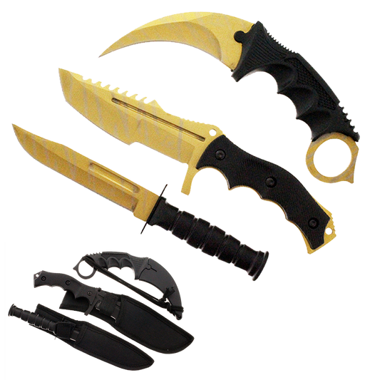 3 PCS Gold Set. 7 1/2" & 8 1/2" Tacital Knife, 7 1/2" Karambit