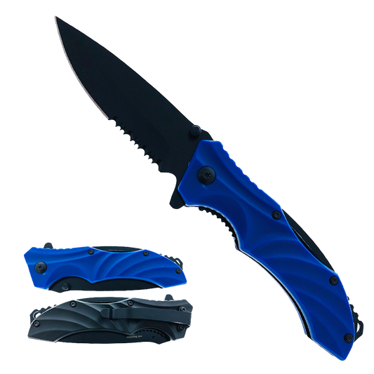 Falcon 8" Overall Spring Assisted Knife Two Toned Blue and Black