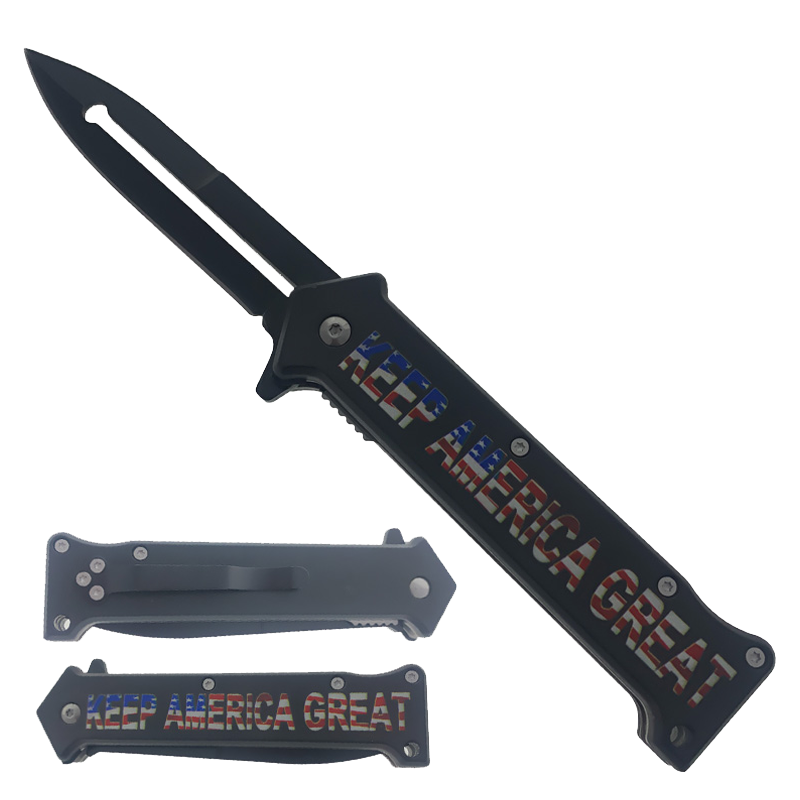 Falcon 8" Folding Knife W/Black Half Serrated Blade W/Keep America Great Print