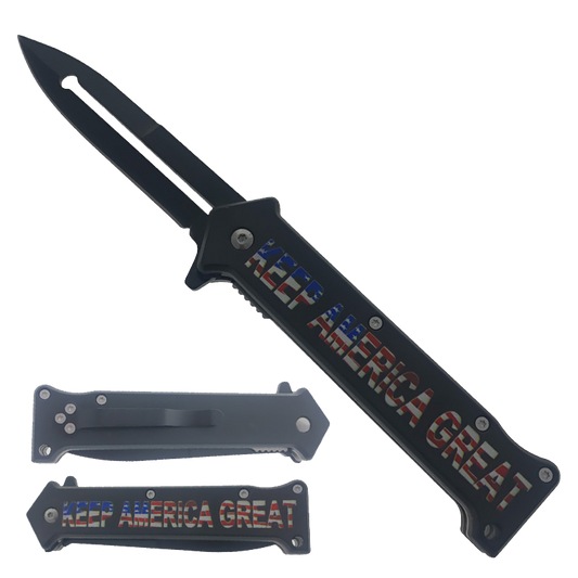 Falcon 8" Folding Knife W/Black Half Serrated Blade W/Keep America Great Print