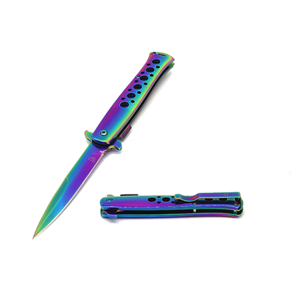 Falcon 9" Overall Metal Spring Assisted Knife With Rainbow Coating