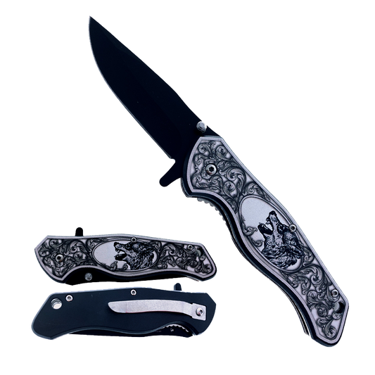 Falcon 7.5" Spring Assisted Knife W/3D Wolf printed Black Reverse Handle 