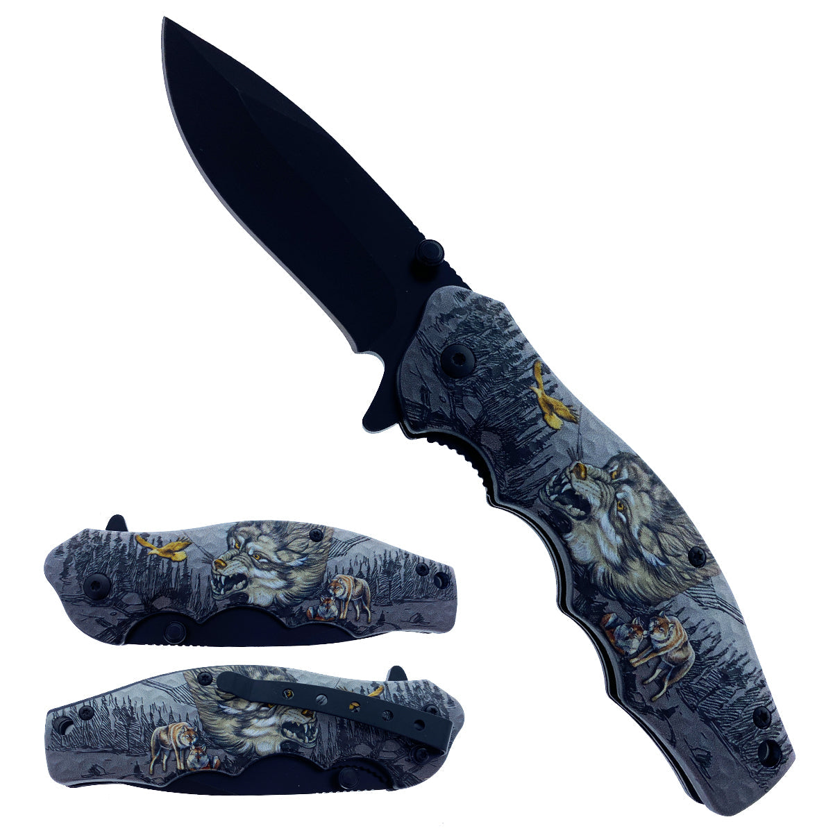 7.5" Spring Assisted Knife ABS Wolf Design