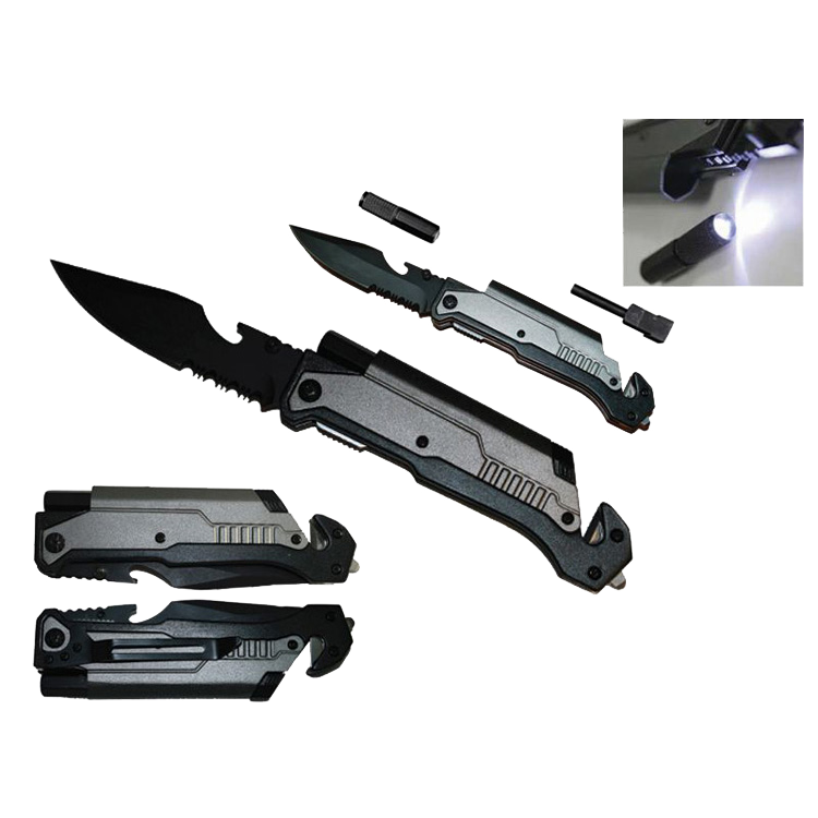 8 1/2" Folding Knife with LED light, cutter, glass breaker